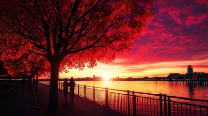 Fototapeta premium Stunning Sunset Reflections Over Serene River with Autumn Trees and Couples Walking by the Shore