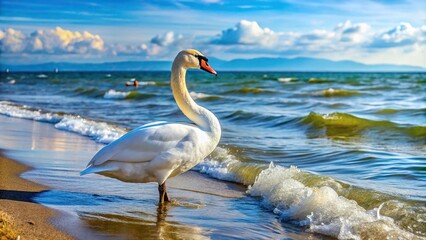 Obraz premium White swan standing on seashore