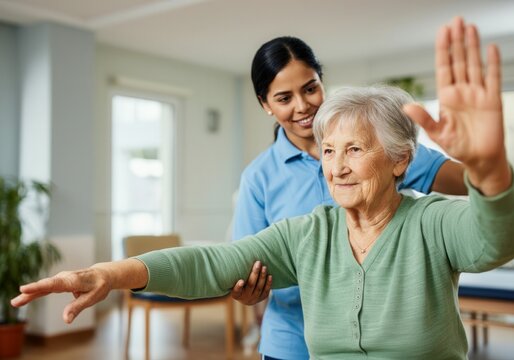 Smiling nurse helping happy elderly woman exercising arms in retirement home
