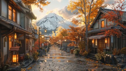 Fototapeta premium A street scene with houses and a mountain in the background. Generative AI