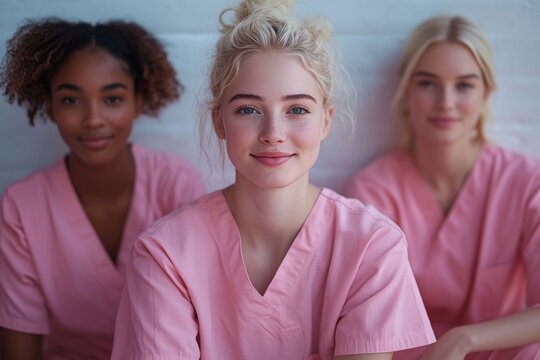 Group of people wearing pink shirts and hats are smiling for the camera. Group of people, diversity, from the same company, people from the industry, white background, sunny light, same uniforms pink