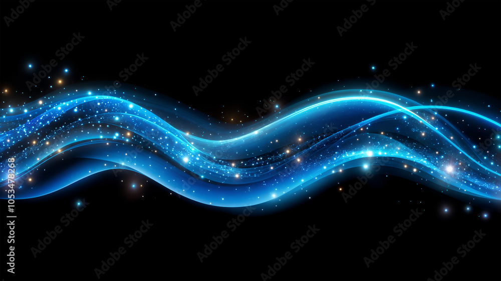 Poster abstract dynamic blue wave with light and shine on blakc background.
