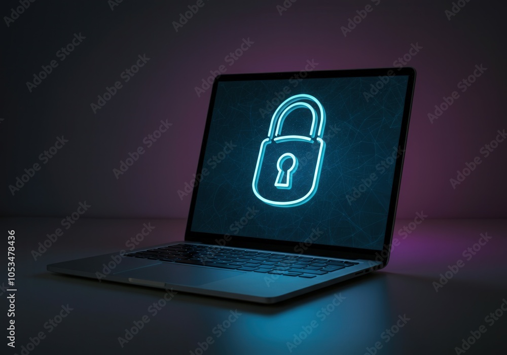 Poster open laptop displaying glowing padlock icon, symbolizing cybersecurity and data protection in dark e