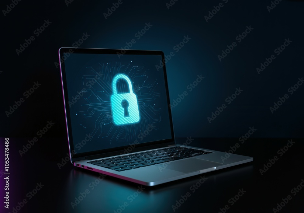 Aufkleber laptop displaying glowing padlock icon, symbolizing data protection and cybersecurity in a dark envi
