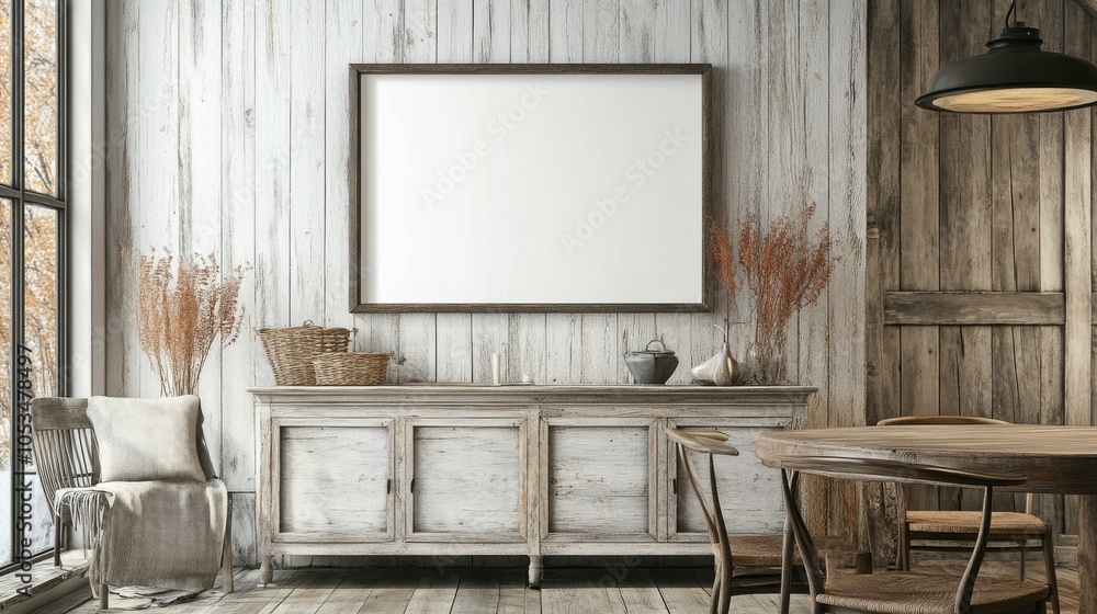 Poster rustic dining room with a blank frame above the sideboard