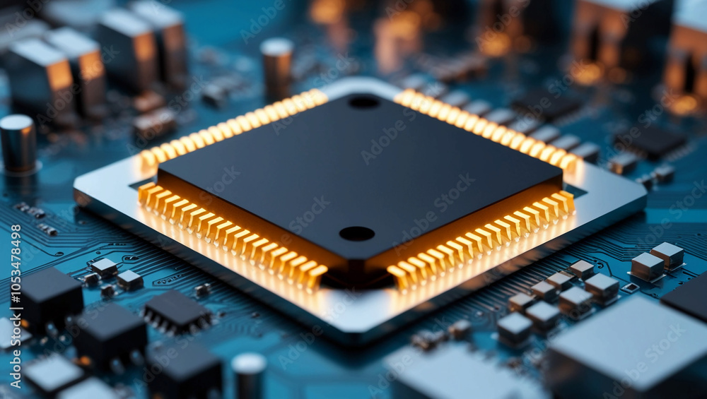 Poster close-up of a single glowing microchip embedded on a digital motherboard, representing powerful comp