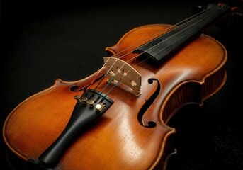 Fototapeta premium Beautifully crafted violin is presented on a dark background, highlighting the instrument's polished wood and intricate details