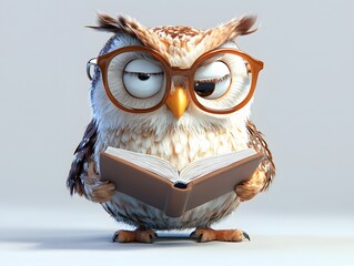 3D Cartoon owl reading book.