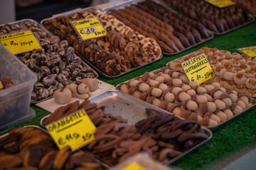 Belgian chocolate stall of different varieties