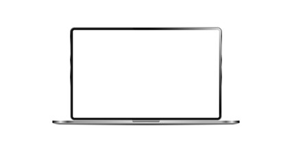 Modern dark metal thin frame laptop mockup. Realistic laptop front view. Blank screen display notebook. Opened computer screen.