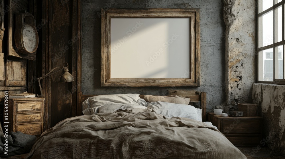 Poster rustic bedroom with an empty burlap frame.