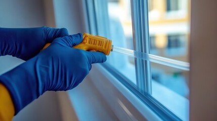 A person in blue gloves uses a tool to seal a window.