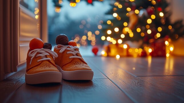 Yellow kids shoes by the door, filled with chocolates and oranges for St Nicholas or Three Kings Day. Christmas lights