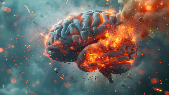 Concept art of a human brain exploding with knowledge and creativity