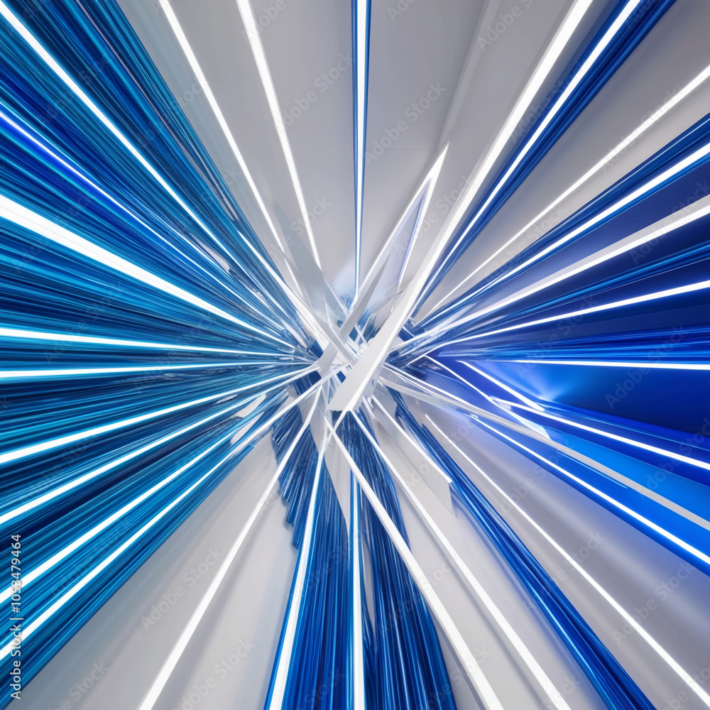 Poster vibrant blue and white lines intersecting in a futuristic space, creating an abstract high-tech patt