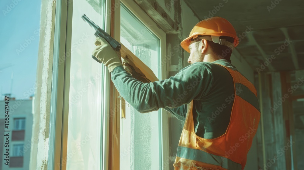 Poster a construction worker installing a window in a building under renovation.