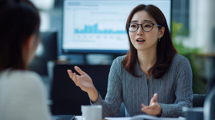 the female asian marketing manager is seriosly presenting the company financial annually sale business plan to her team