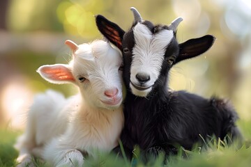 Two young goats playing in flower meadow background. Agriculture and livestock industry concept. Animal husbandry. Fresh organic product, dairy and milk farm business. Farming lifestyle, farmland