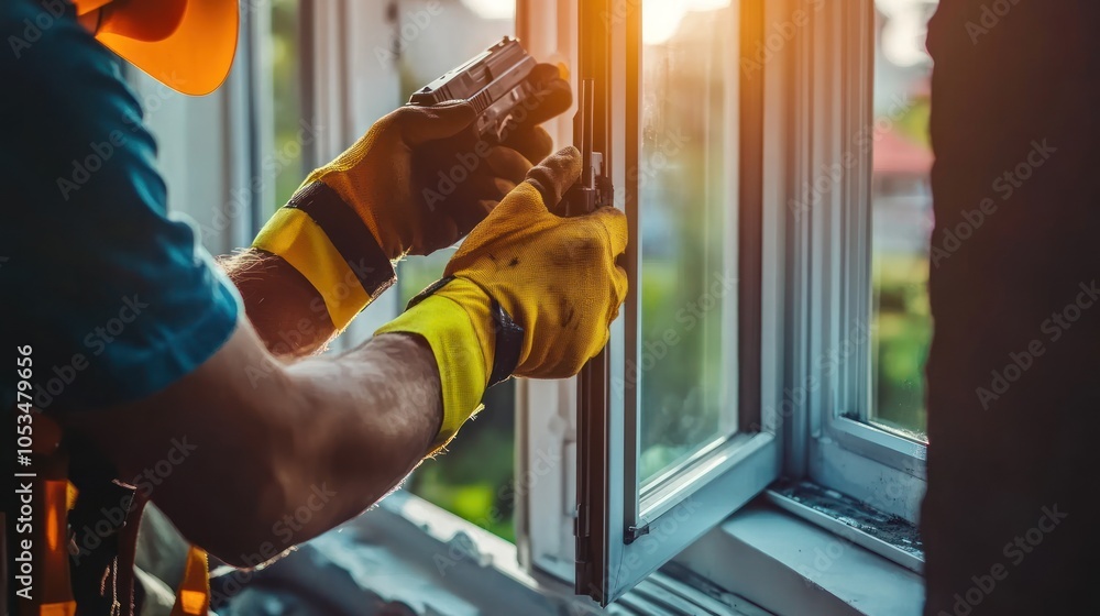 Poster a worker installing a window, focused on precision and safety.