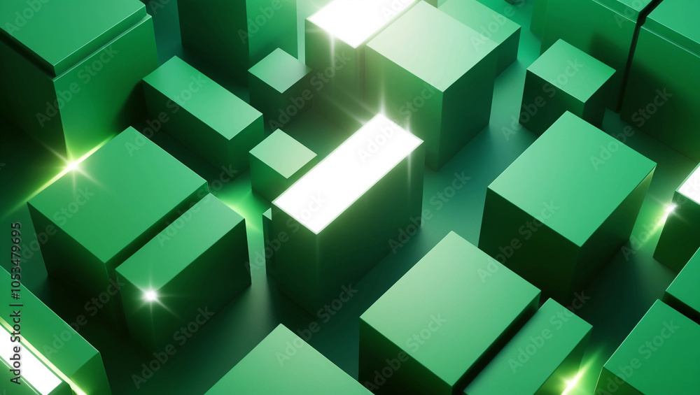 Poster green geometric abstract blocks with bright light shining through, tech-inspired pattern in a modern