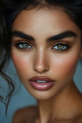 Fototapeta premium A close up of a woman's face with long dark hair and blue eyes