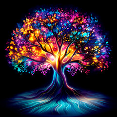 Digital illustration of a tree of life in luminescent colors on a black background