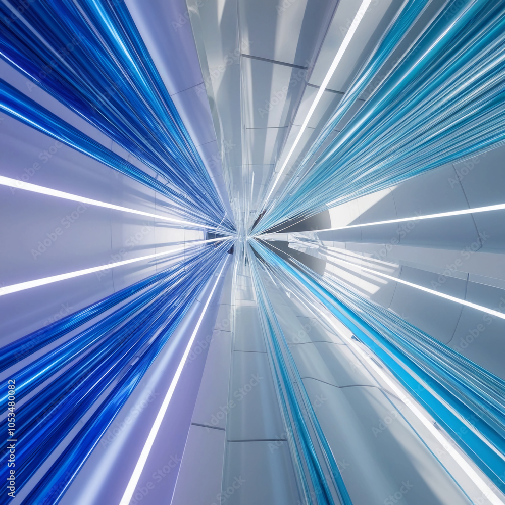 Poster vibrant blue and white lines intersecting in a futuristic space, creating an abstract high-tech patt
