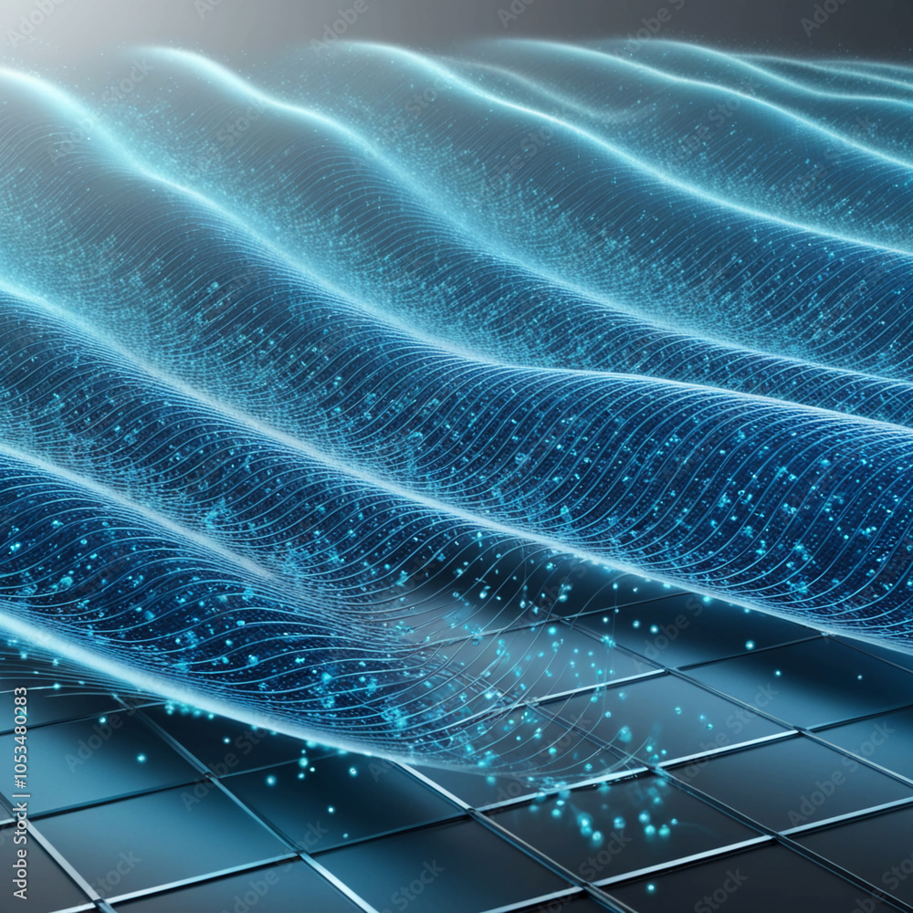 Poster blue digital wave pattern with floating data points, high-tech flow of information through a 3d grid