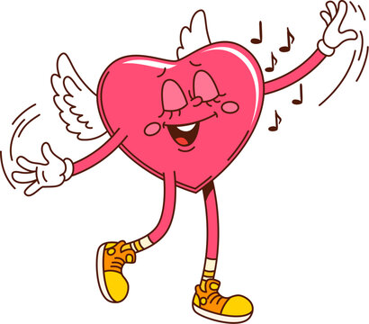 Groovy cartoon heart character with wings and sneakers dances happily to music notes, embodying love and happiness on Valentines Day. Isolated vector retro personage symbol of affection or celebration