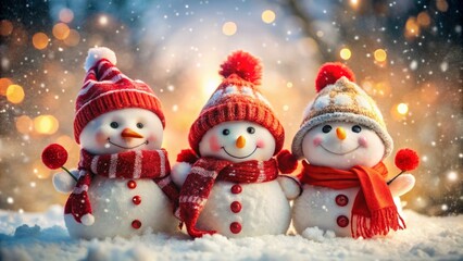 Fototapeta premium Charming snowman figures adorned with red hats and scarves, nestled in snow and surrounded by delicate snowflakes, create a whimsical winter wonderland atmosphere for photography.