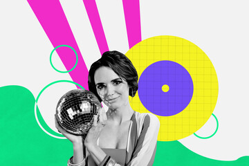 Composite photo collage of happy girl hold shiny disco ball retro occasion weekend entertainment...