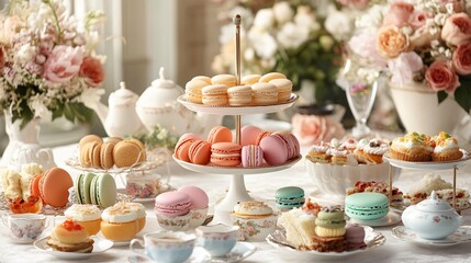Fototapeta premium Elegant Afternoon Tea Party with Delicate Macarons and Pastries