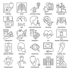 Obraz premium Health screening line icon set. Healthcare and medicine symbols collection. Vector illustration, editable line.