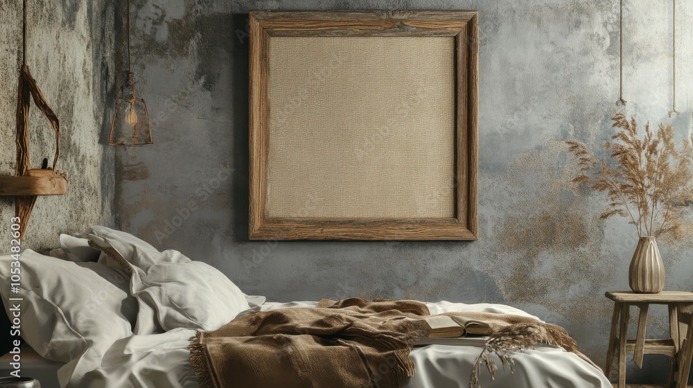 Poster rustic bedroom with an empty burlap frame.
