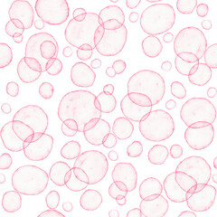 Seamless pattern pink bubbles and white background. Abstract watercolor soap bubbles. 
