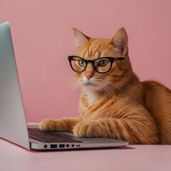 orange cat with glasses looking at laptop on