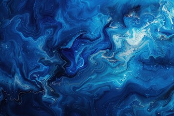 Abstract blue and white marbled painting with swirling patterns.