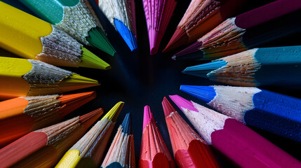 Fototapeta premium creative circle of diversity, vividly colored pencils arranged in a radiating pattern on dark background