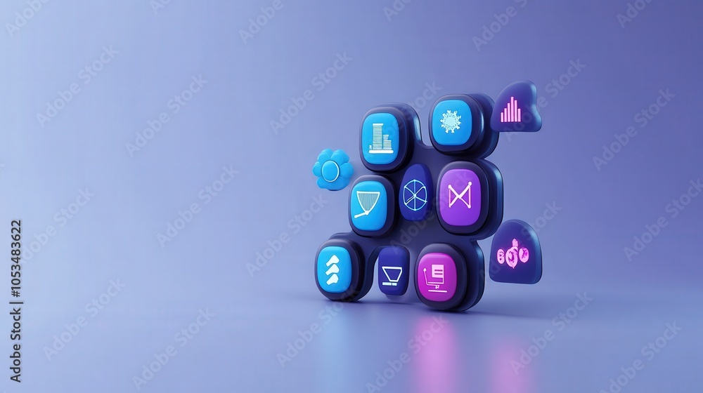 Poster innovative digital icons representing data analysis and technology trends in a modern aesthetic