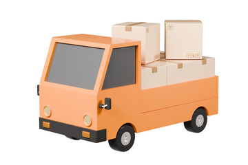 3D Truck delivery back rack contain parcel box or cardboard icon. Minimal Cartoon Logistic Truck shipping delivery service isolated on orange background. Online shopping, E-commerce concept. 3d render