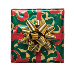 Christmas wrapped gift with ribbon on white background