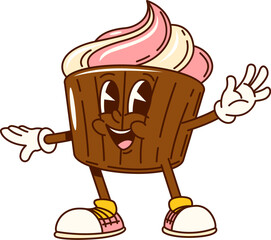 Groovy valentine cake character with pink and white swirled frosting. Isolated vector adorable muffin dessert retro personage with friendly smile, wearing sneakers ready to spread joy and celebration