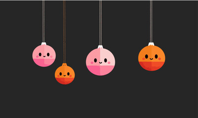 Christmas bauble decorations with cute and smiling faces, pink and orange on dark background. cartoon style characters with Christmas bauble features