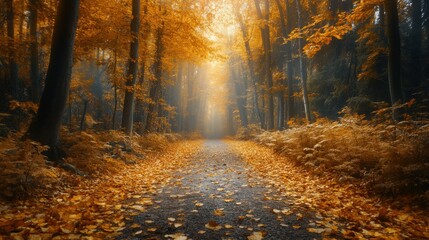 Obraz premium Pathway through a forest with golden leaves
