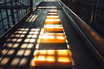 Fototapeta premium Golden blocks of cheese glow under a lattice of shadows on a sunlit conveyor