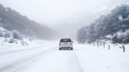 A snow-covered road of snow. Monthly norm of precipitation in the mountains. Skidding and difficulty travelling to rural areas after a snow storm. Banner, poster template for winter travelling.