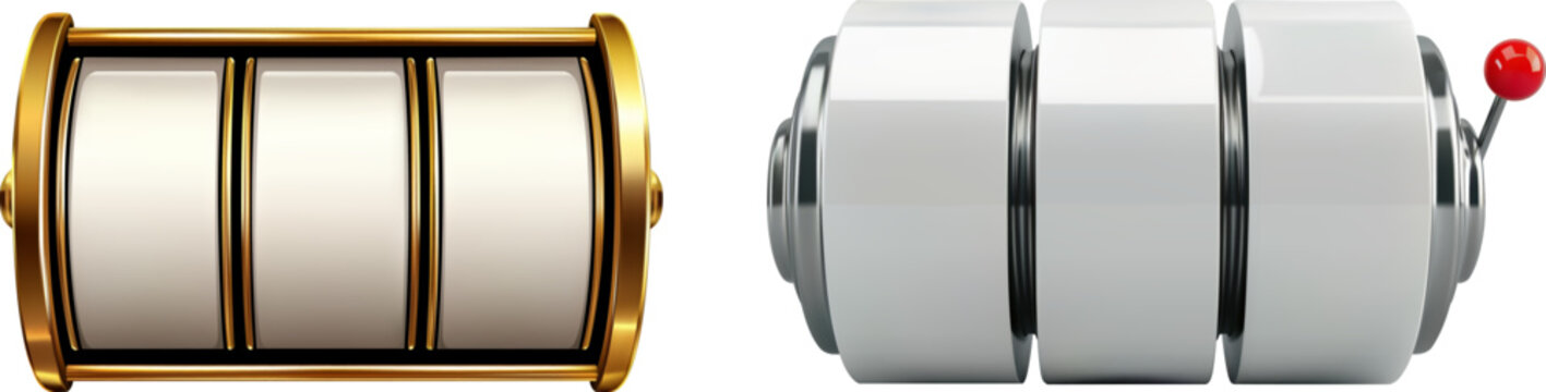 A detailed 3D vector illustration of slot machine reels, one with a golden frame and the other with a metallic finish and a red lever. Ideal for use in casino, gaming, or gambling-themed projects.