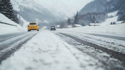 A snow-covered road of snow. Monthly norm of precipitation in the mountains. Skidding and difficulty travelling to rural areas after a snow storm. Banner, poster template for winter travelling.