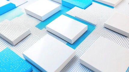 A modern abstract template featuring large white and bright blue squares overlapping in a geometric grid pattern, with halftone dots subtly fading into the background. The textured surface adds depth 