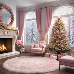 Obraz premium living room with fireplace and x-mas tree